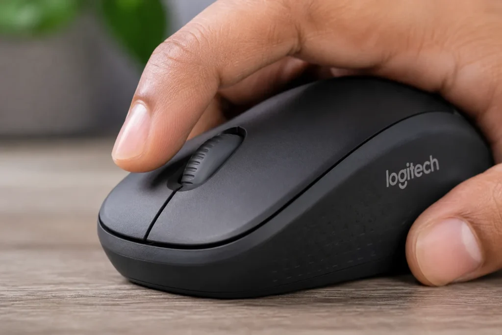 Finger clicking Logitech M220 mouse close-up