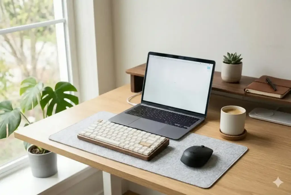 Minimal workspace setup with Logitech M170 wireless mouse and laptop