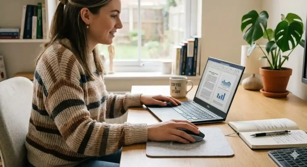 Student using Logitech M170 wireless mouse with laptop for study and work