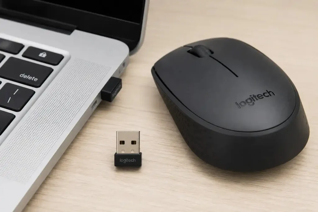 Logitech M170 USB nano receiver plugged into laptop