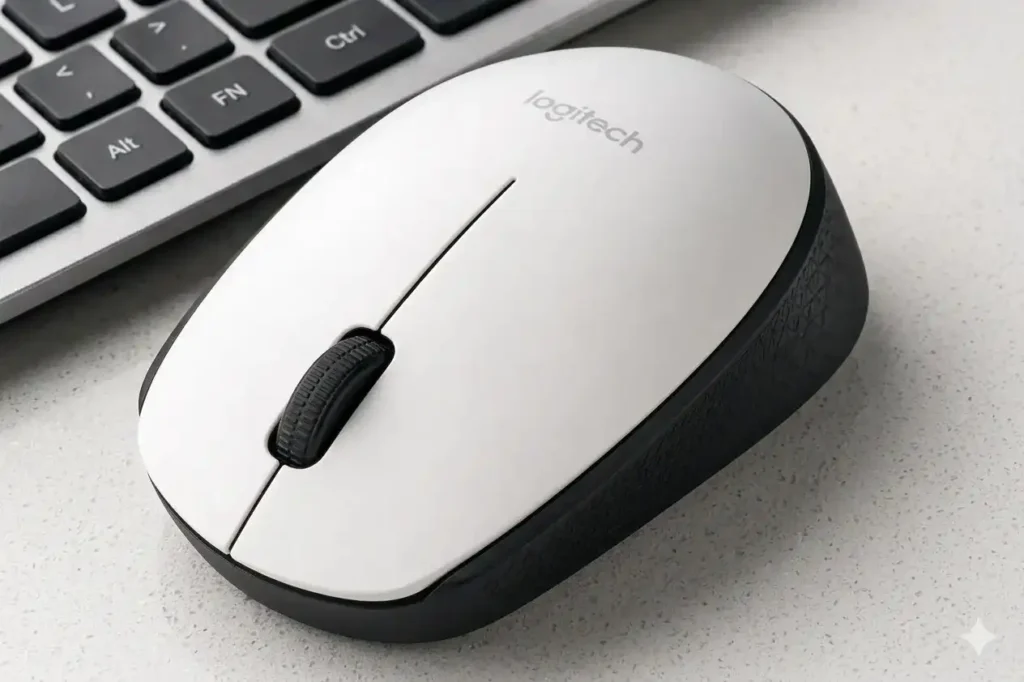 Logitech M170 wireless mouse close-up showing compact design