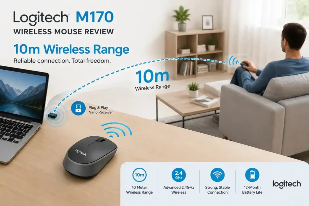 Logitech M170 wireless mouse 10m range infographic