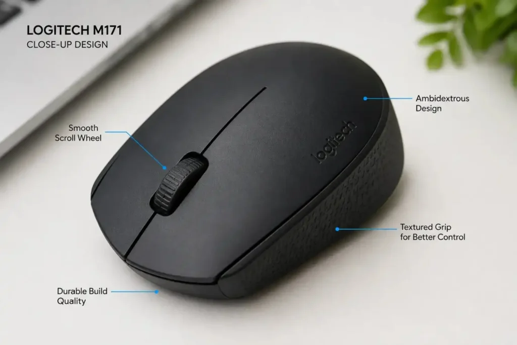 Close-up of Logitech M171 wireless mouse design with scroll wheel and grip