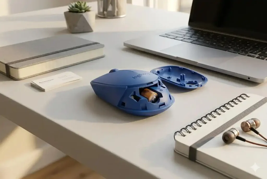 Logitech M171 mouse with USB receiver plugged into laptop