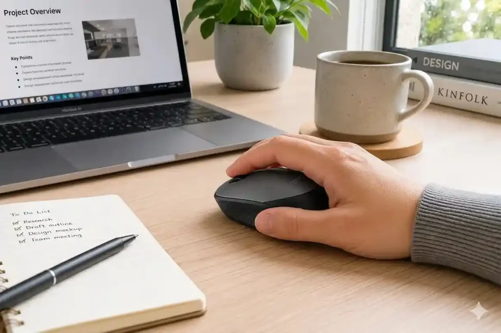 Hand using Logitech M171 mouse on modern desk