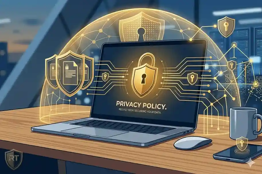 Laptop displaying "Privacy Policy" with golden security network on a desk.