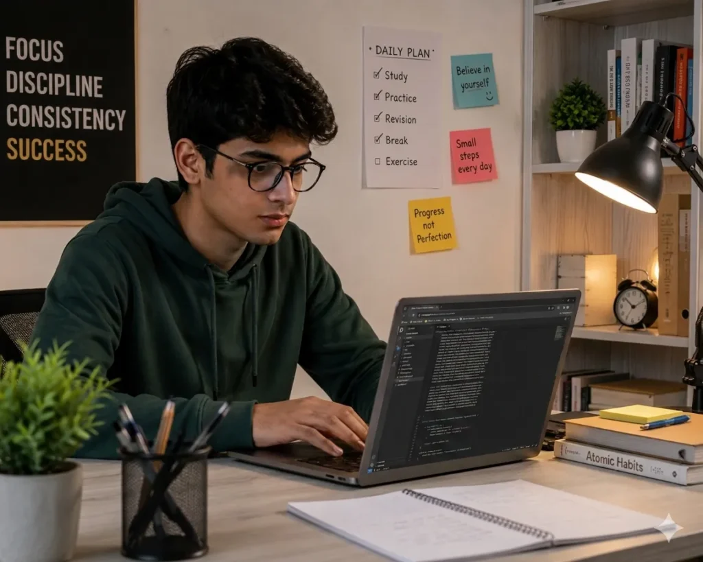 Student using laptop at study desk