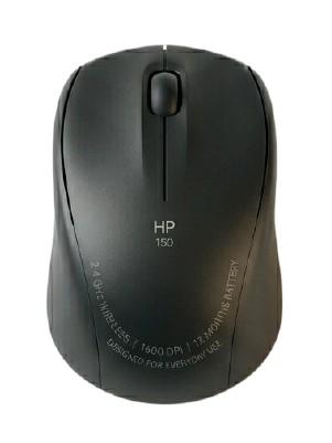 Overhead view of the black HP 150 Wireless Mouse on a white background for Relviq Tech.