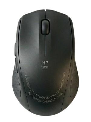 Overhead view of the black HP 200 Wireless Mouse featuring contoured sides on a white background for Relviq Tech.