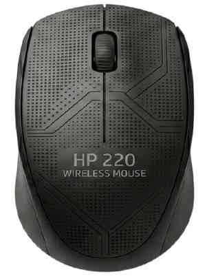 Overhead view of the black HP 220 Silent Wireless Mouse with textured geometric patterns on a white background for Relviq Tech.