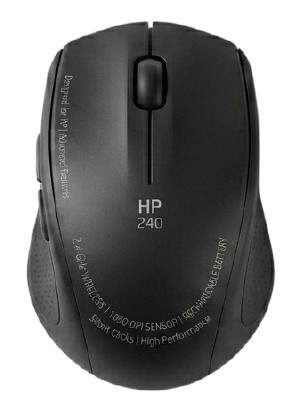 Overhead view of the black HP 240 Performance Wireless Mouse on a white background for Relviq Tech.
