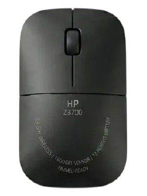 Overhead view of the black HP Z3700 Ultra-Slim Wireless Mouse on a white background for Relviq Tech.