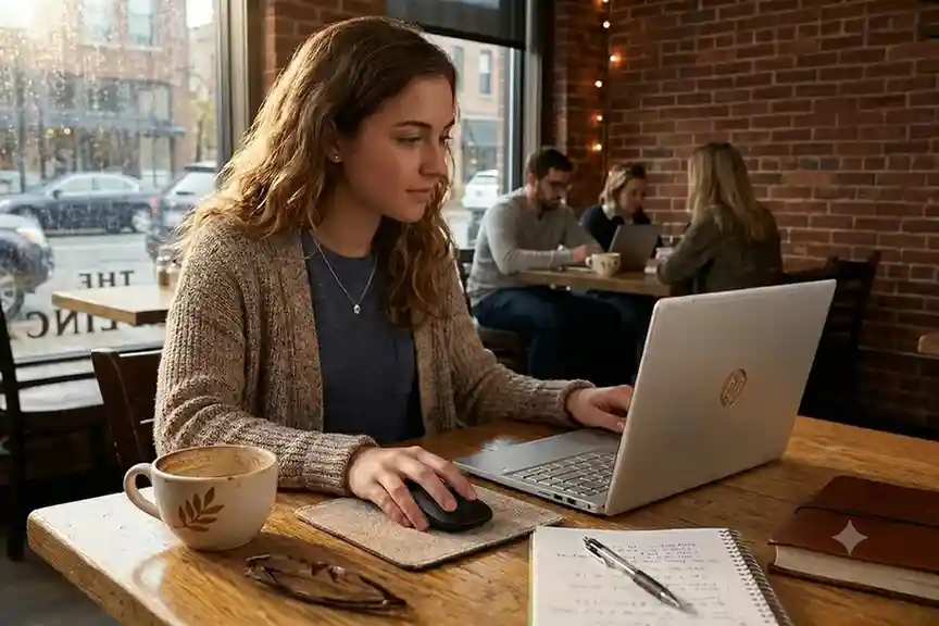 A woman working on an HP laptop and using a wireless mouse at a cafe table on Relviq Tech.