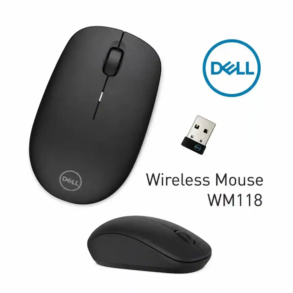 Dell WM118 Wireless Mouse with USB receiver on white background