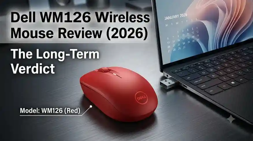 Dell WM126 Wireless Mouse Review (2026) featured image showcasing the red wireless mouse on a dark desk next to a laptop.