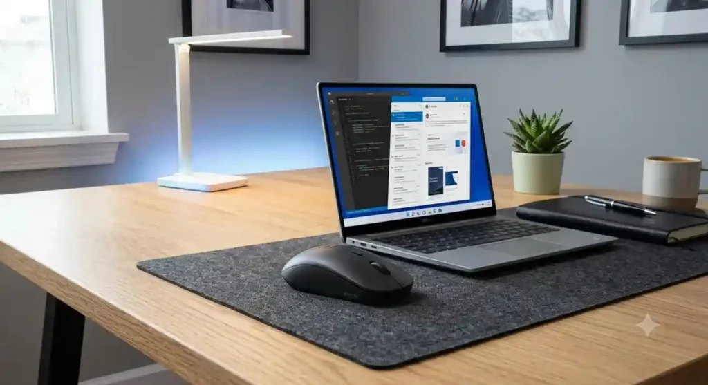 Minimalist modern desk setup featuring a black wireless mouse on a grey fabric mat with a sharp, cool blue background.