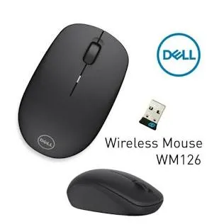 Dell WM126 wireless mouse in black with its USB nano receiver and the Dell logo.