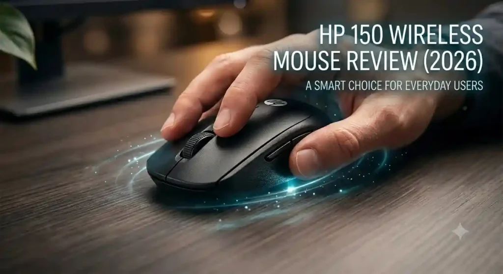 Close-up view of a hand holding the black HP 150 wireless mouse on a wooden desk.
