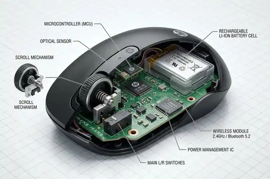 A technical engineering cutaway diagram of the HP 150 Wireless Mouse showing its internal PCB board, battery cell, and scroll wheel mechanism.