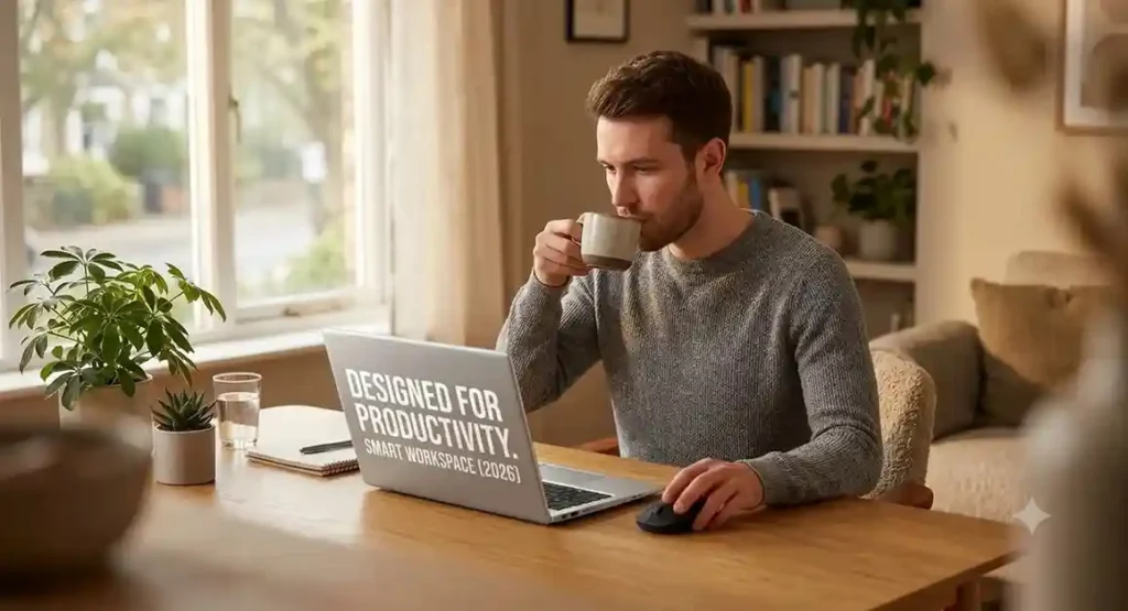 A young professional using the HP 150 Wireless Mouse at a cozy home office desk with text on the laptop screen saying Designed for Productivity.
