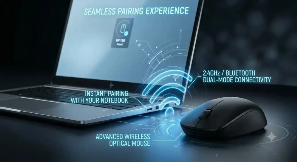 HP 150 wireless mouse next to a laptop showing 2.4GHz and Bluetooth dual-mode wireless connectivity features.