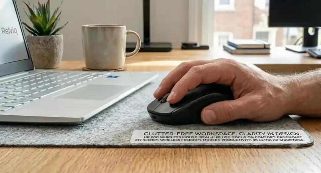 A real human hand using the HP 200 wireless mouse in a natural grip on a clean desk.