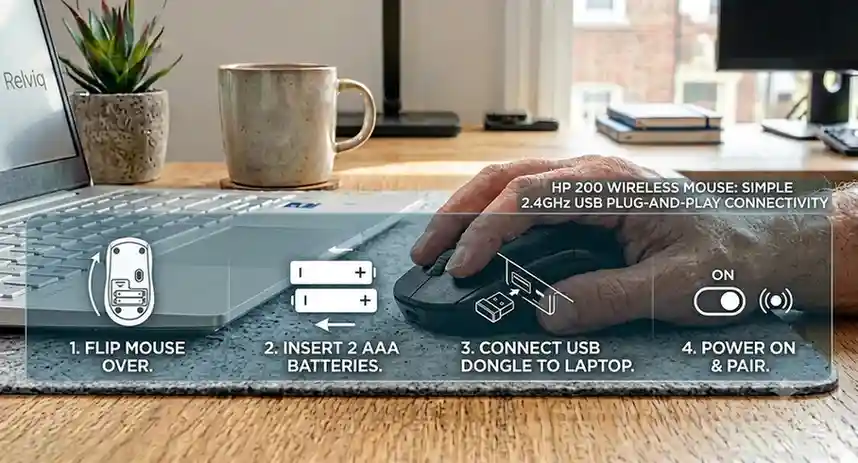 Infographic showing the 4-step setup and 2.4GHz wireless connectivity process for the HP 200 mouse.