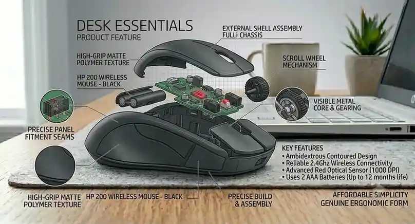 Exploded view of HP 200 wireless mouse showing internal design.