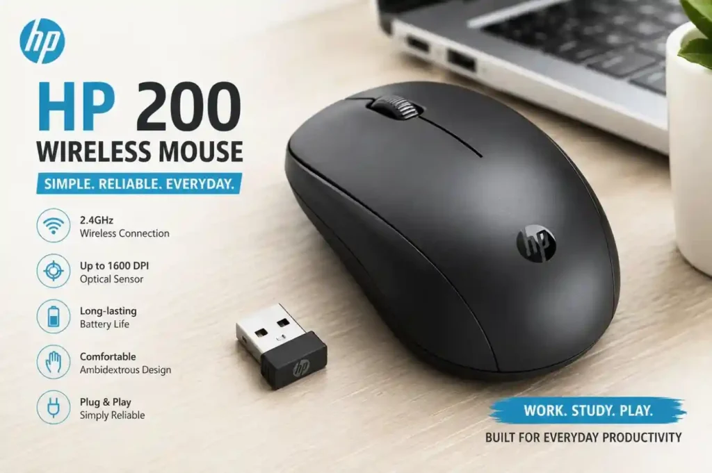 HP 200 Wireless Mouse Review (2026) showing the HP 200 Wireless Mouse with USB receiver