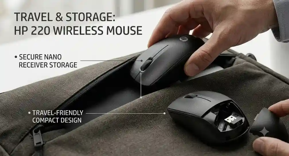 HP 220 wireless mouse being placed in a laptop bag alongside its open nano receiver storage compartment.