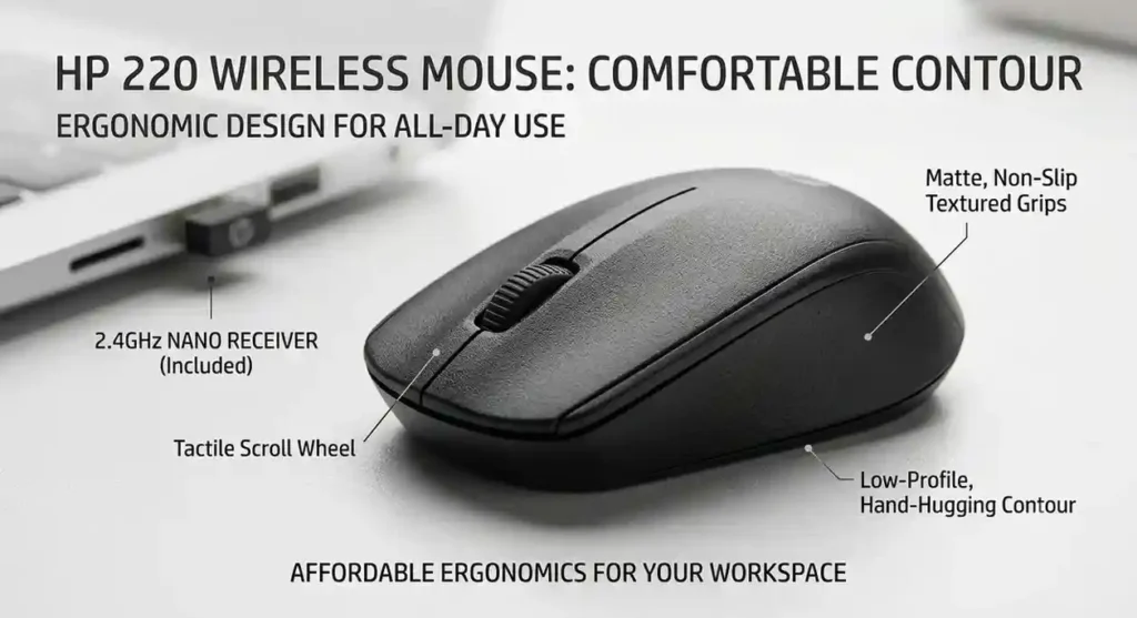 Side angle view of the compact HP 220 wireless mouse profile