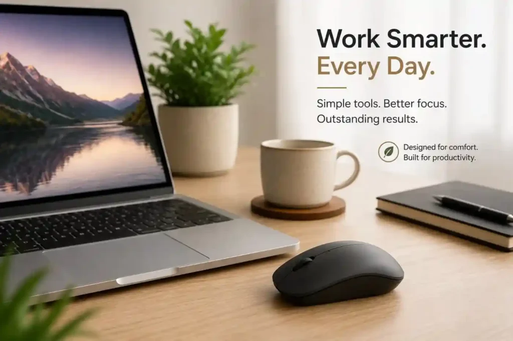HP wireless mouse placed beside a laptop on a clean modern workspace