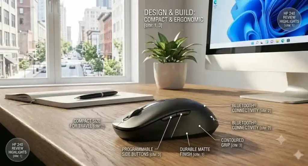 An office workspace infographic diagram for the HP 240 Bluetooth Mouse Review highlighting design and build quality.