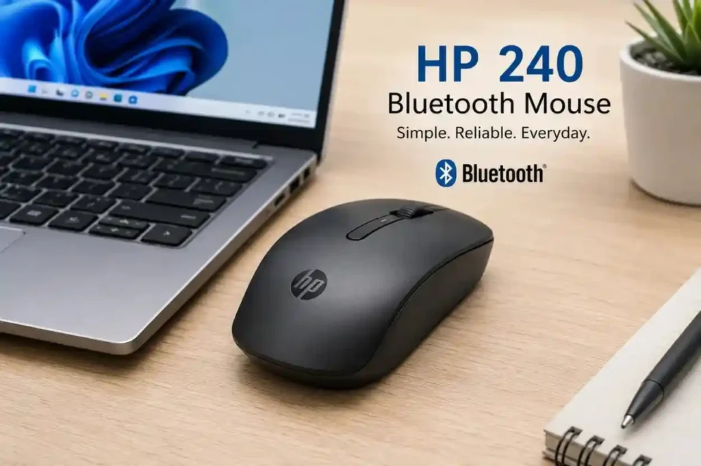 HP 240 Bluetooth Mouse Review featured image showing the HP 240 Bluetooth Mouse on a light wooden desk beside a laptop and notepad.