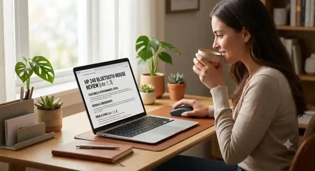 A young professional woman drinking coffee while using the HP 240 Bluetooth mouse at a cozy, minimal home office desk setup with indoor plants.
