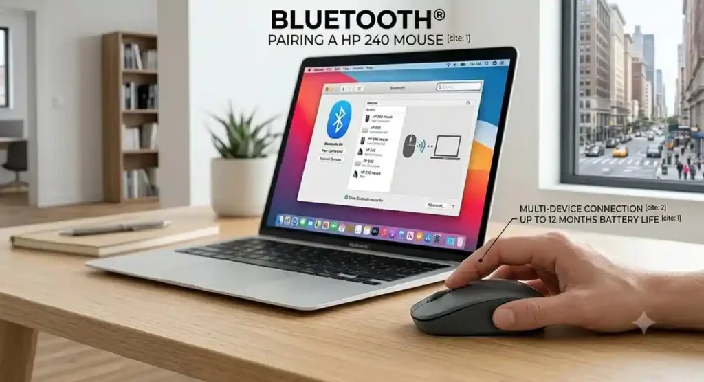 An office workspace infographic showing a hand using the HP 240 Bluetooth mouse next to a laptop displaying Bluetooth pairing settings.