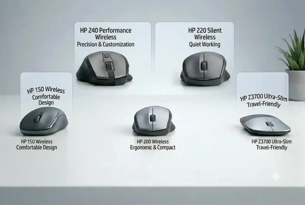 HP 150 Wireless Mouse review 2026 comparison chart featuring HP 150, HP 200, HP 220 Silent, HP 240 Performance, and HP Z3700 Ultra-Slim models.