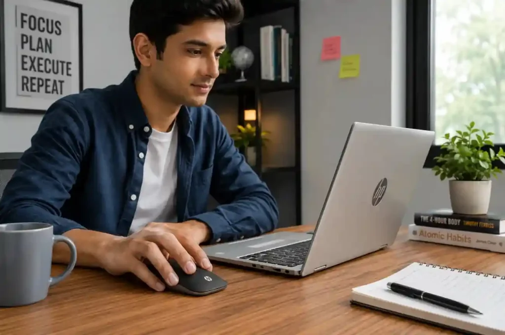 Man using an HP wireless mouse and laptop at a wooden desk.