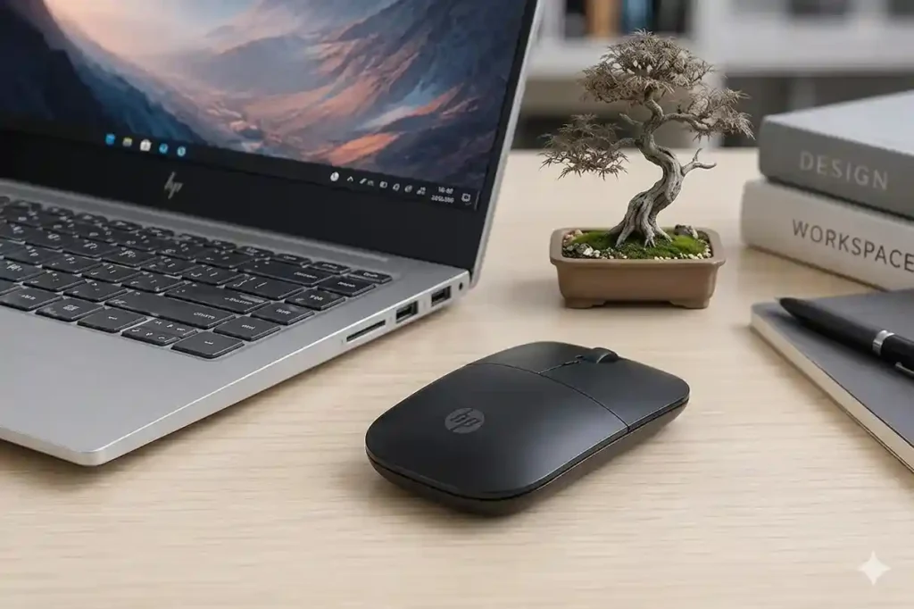 HP Z3700 wireless mouse on a wooden desk next to a laptop