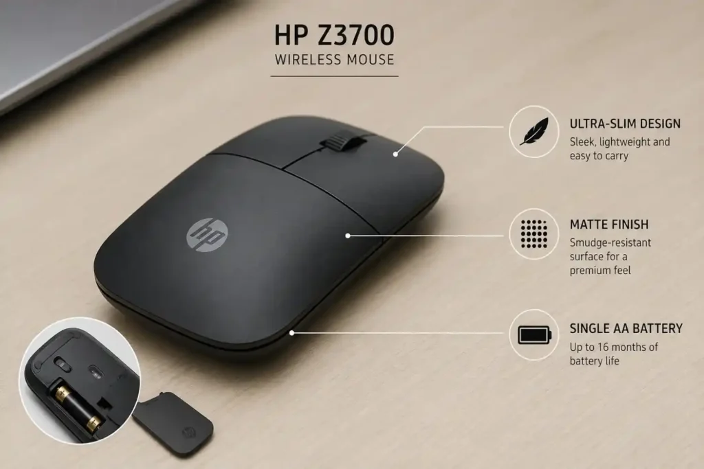 HP Z3700 wireless mouse review infographic highlighting ultra-slim design, matte finish, and battery life.