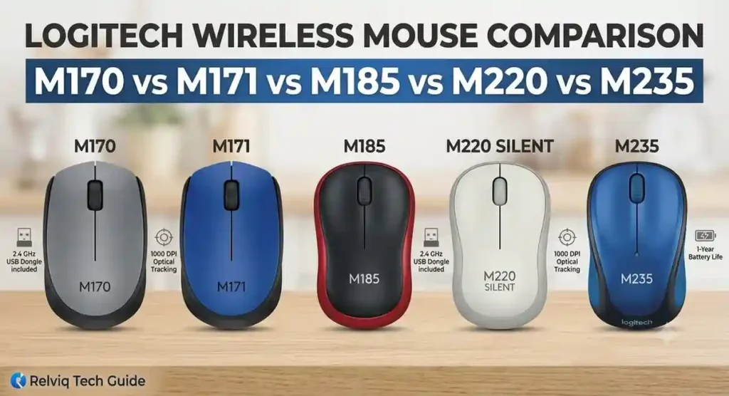 Logitech M170 vs M171 vs M185 vs M220 vs M235 – – Buy Online at Relviq Mobiles Comparison lineup of Logitech M170, M171, M185, M220, and M235 wireless mice.