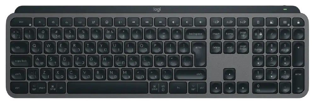 Top-down photo of the premium Logitech MX Keys S wireless keyboard in graphite, featuring low-profile spherically-dished keys, a full-size layout, and smart backlighting.