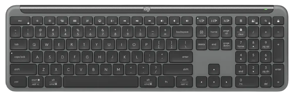 Logitech K950 vs MX Keys S: The Logitech Signature Slim K950 wireless keyboard in graphite grey, showing its low-profile layout and integrated numeric keypad.