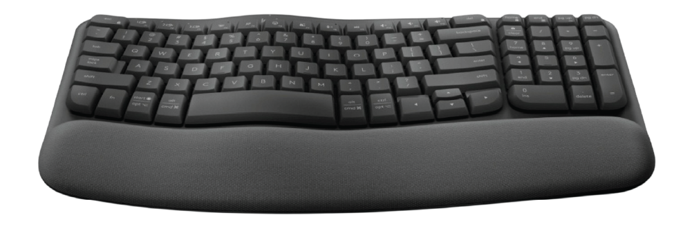 Logitech Wave Keys vs Logitech Signature Slim K950 comparison featuring the curved layout and cushioned wrist rest of the Wave Keys.