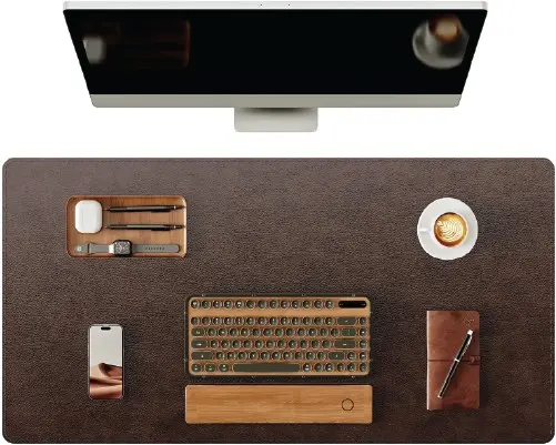 YSAGi dark brown genuine leather desk pad setup with vintage keyboard and monitor
