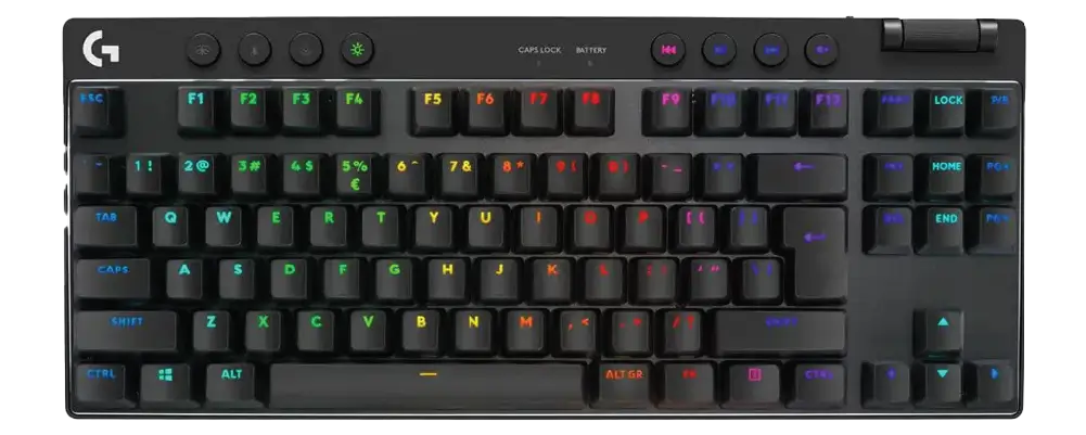 Logitech G Pro X TKL Lightspeed wireless mechanical gaming keyboard showing the tenkeyless layout with RGB backlighting.