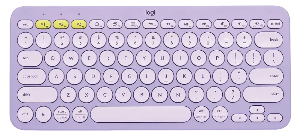 Lavender Logitech K380 Bluetooth keyboard with yellow easy-switch keys