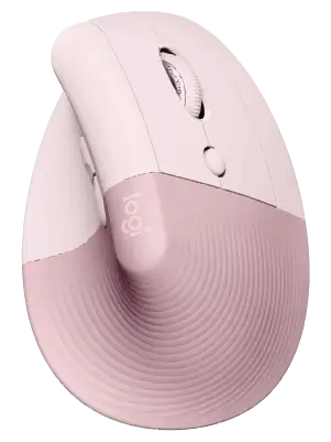 Logitech Lift Vertical ergonomic mouse in rose pink, showing its upright design, textured grip, and scroll wheel.