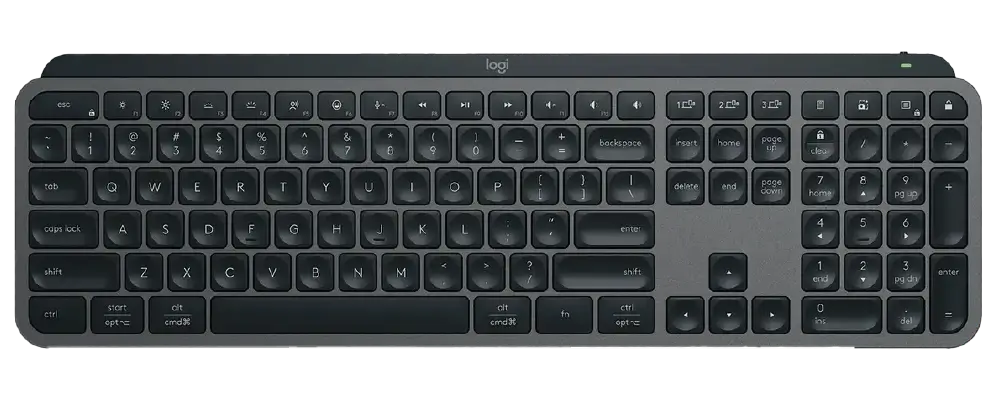 Logitech MX Keys S full-size wireless keyboard in graphite with smart backlighting and standard layout.