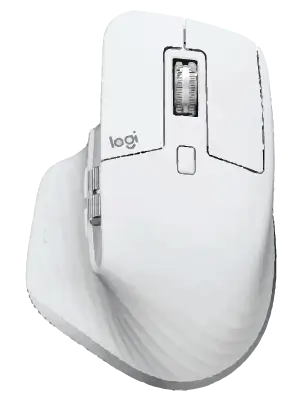 Logitech MX Master 3S wireless mouse in white, top-down view showing the ergonomic thumb rest and scroll wheel.